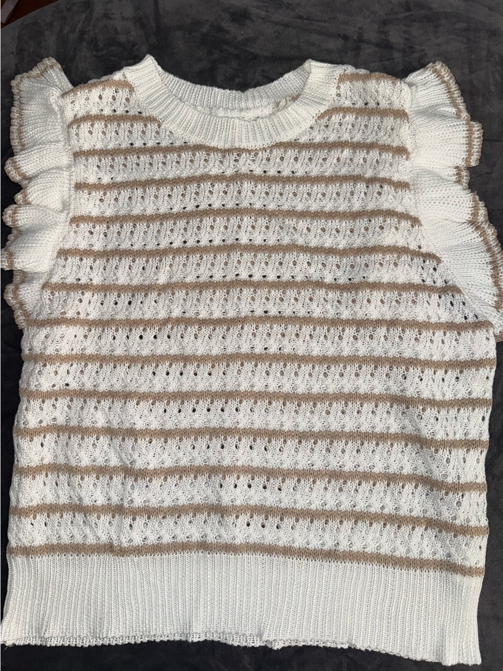 Women’s Cream & Tan Striped Ruffle Sleeve Sweater